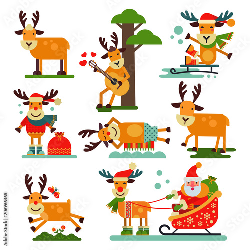 Fototapeta Naklejka Na Ścianę i Meble -  Christmas cute reindeer Santa Claus character vector New Year illustration of deer animal for sleigh