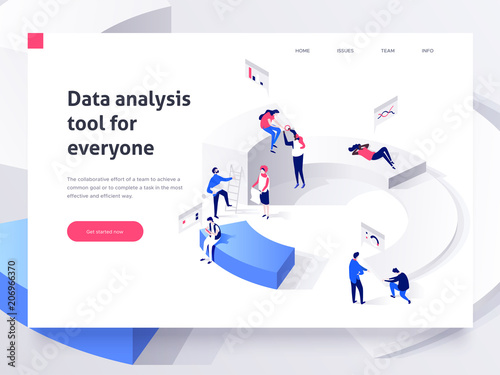 People in a team build a pie chart and interact with graphs. Landing page template. 3d isometric illustration