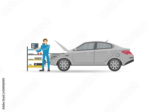 Auto mechanics in uniform check engine icon. Car diagnostics and repair services vector illustration.
