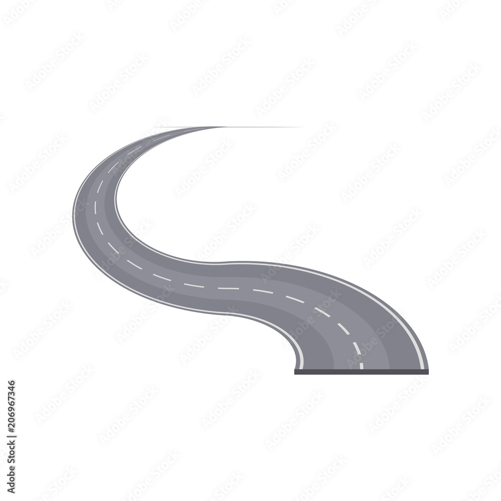 Winding highway with markings element. Asphalt road in perspective isolated vector illustration.