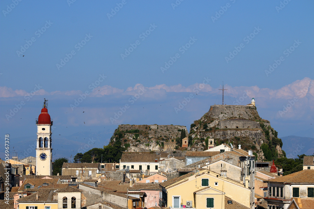 Saint Spiridon church tower and old fortress Corfu town cityscape