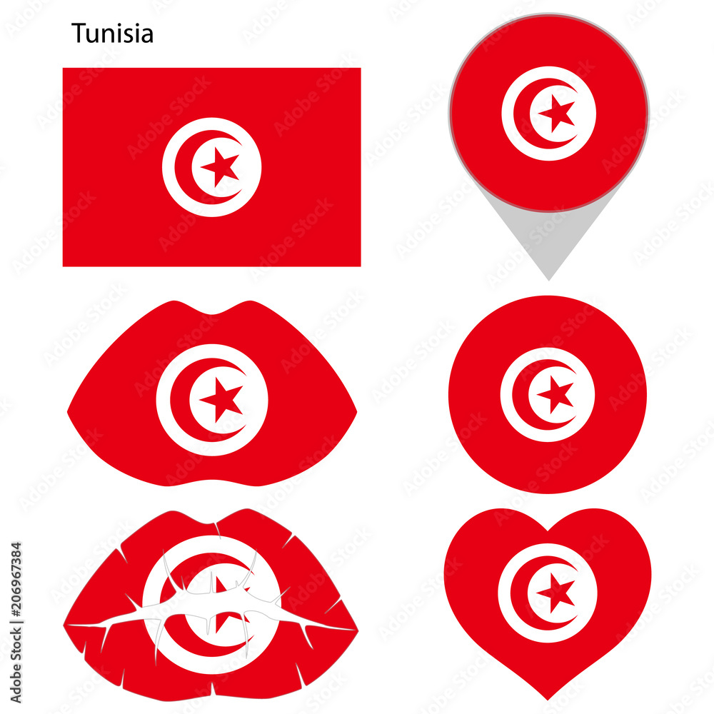 Flag of Tunisia, set. Correct proportions, lips, imprint of kiss, map pointer, heart, icon. Abstract concept. Vector illustration on white background. Flag of Tunisia, set. Correct proportions, lips, imprint of kiss, map pointer, heart, icon. Abstract concept. Vector illustration on white background.
