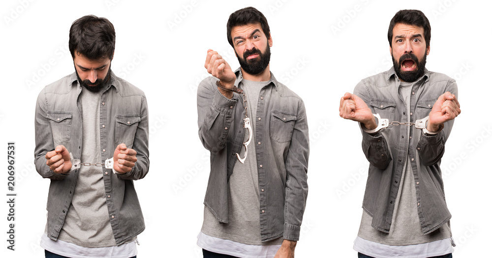 Set of Handsome man with beard and with handcuffs Set of Handsome man with beard and with handcuffs