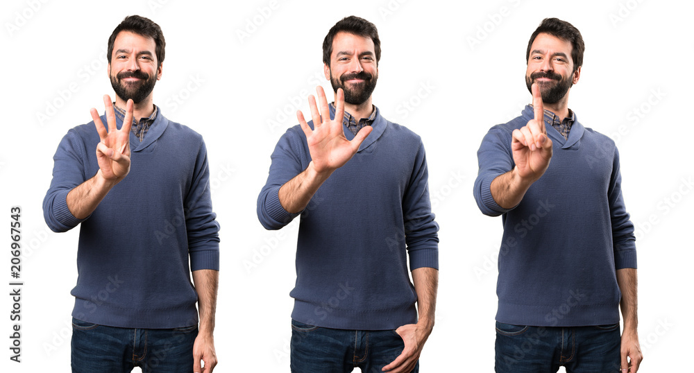 Set of Handsome brunette man with beard counting five, three and one Set of Handsome brunette man with beard counting five, three and one