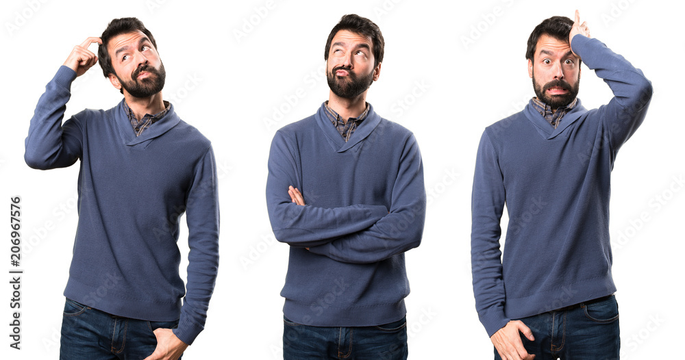 Set of Handsome brunette man with beard having doubts