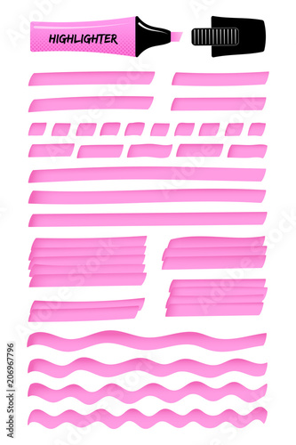 Highlighter permanent pen hand drawn objects set. Pink hand drawings with solid lines, wavy strokes, dotted stripes, and highlight marker sketchy rectangles. Vector illustration for reminder note.