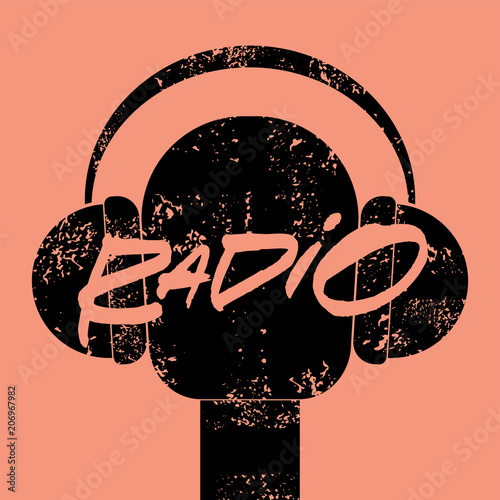 Radio station handwritten lettering vintage grunge poster with microphone and headphones. Retro vector illustration.
