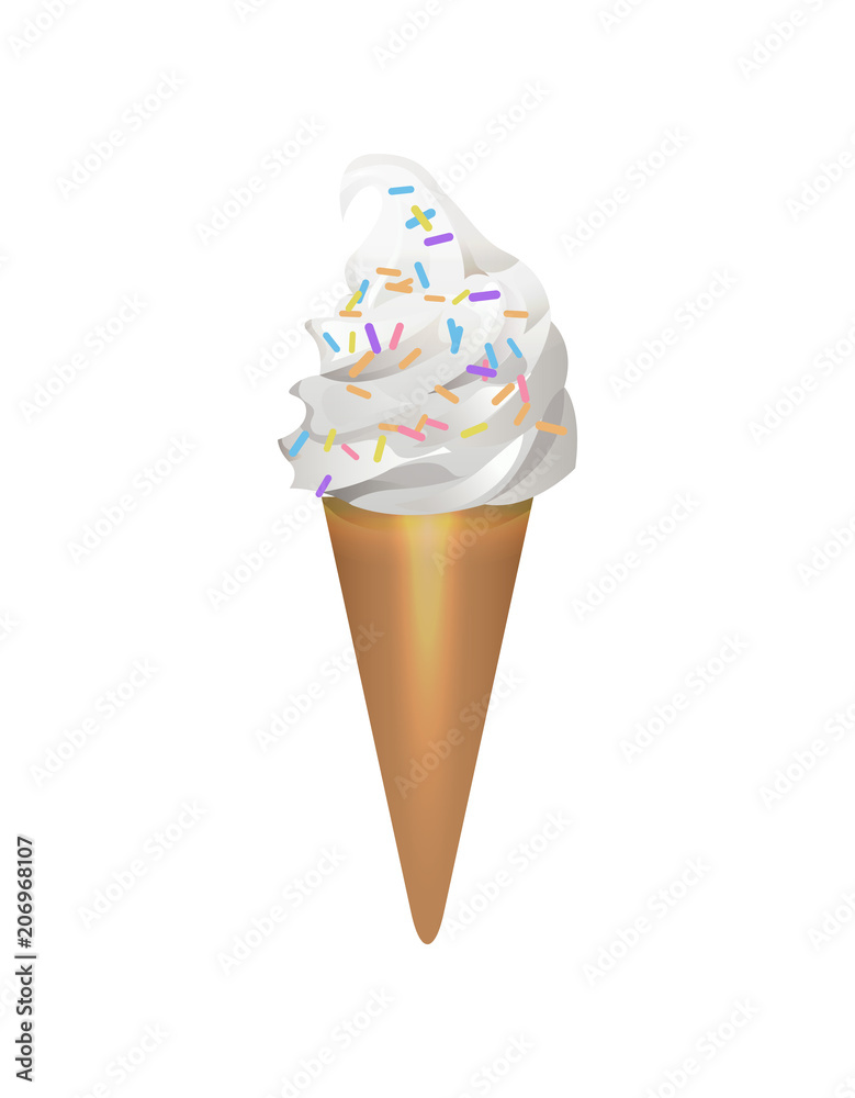 Ice cream in waffle cone isolated on white background icon. Street fast food, sweet milky dessert vector illustration in flat style