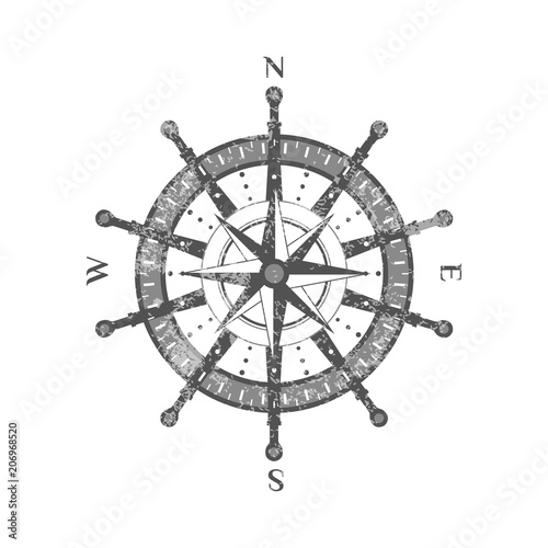 Detailed antique compass wind rose isolated on white background icon. Nautical navigation and cartography symbol vector illustration.