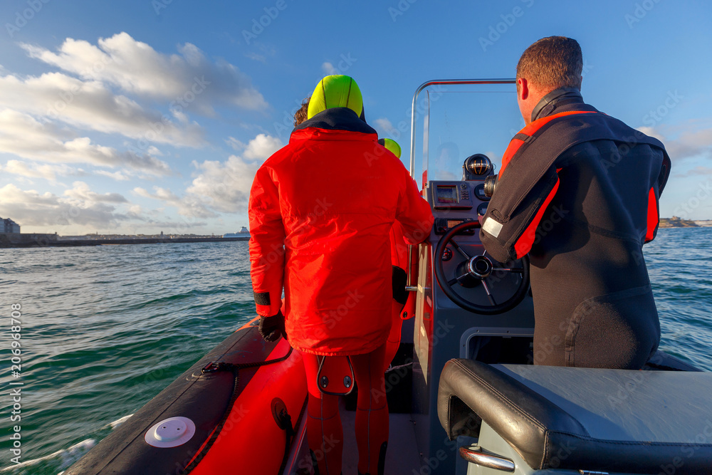 Naklejka premium Saint Malo. Boat of marine rescuers.