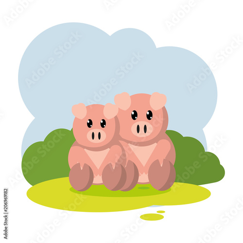 couple pig farm animal in the landscape