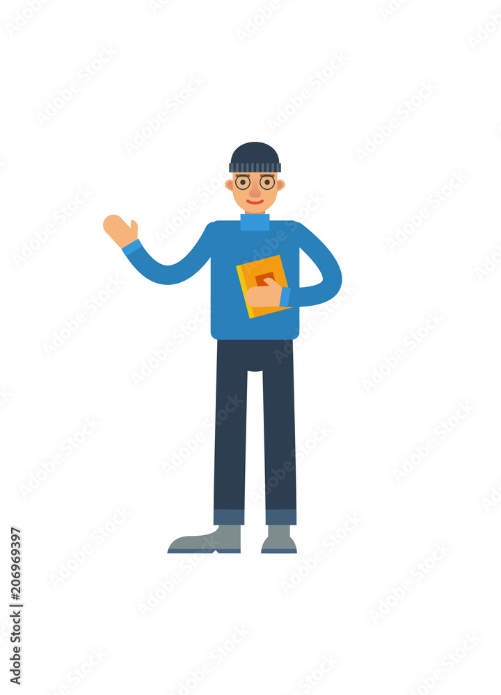 Young man with book waving hand. Literature concept, bookstore advertising, knowledge and education vector illustration in flat style.