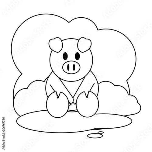 line cute pig farm animal in the landscape