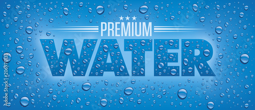 water packaging label with many water drops on blue background