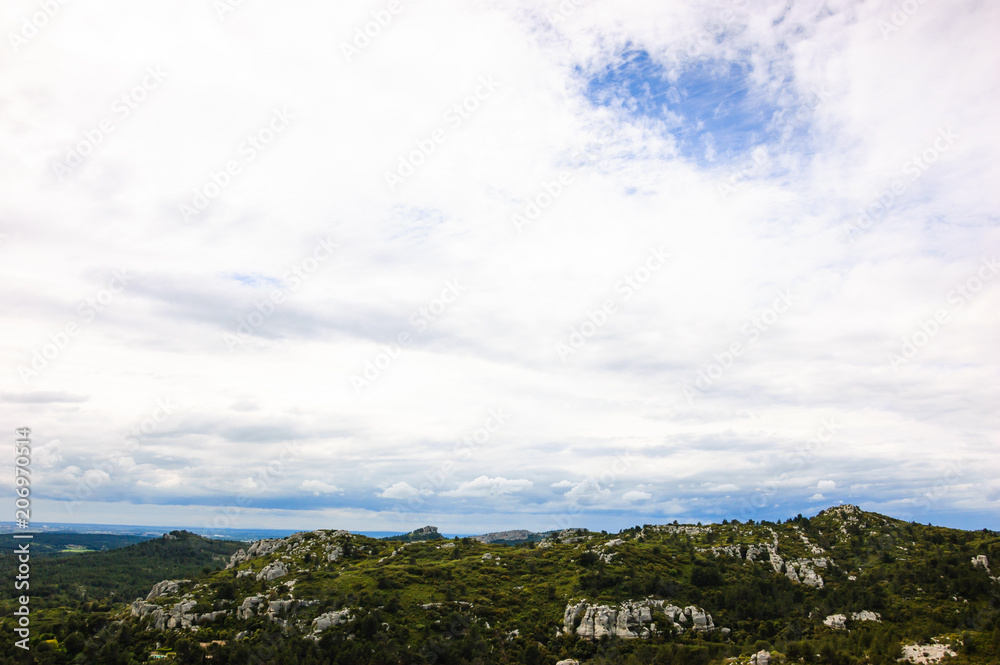 Picturesque view on mountains and  valley from  Les Baux-de-Provence village in Provence, France.
