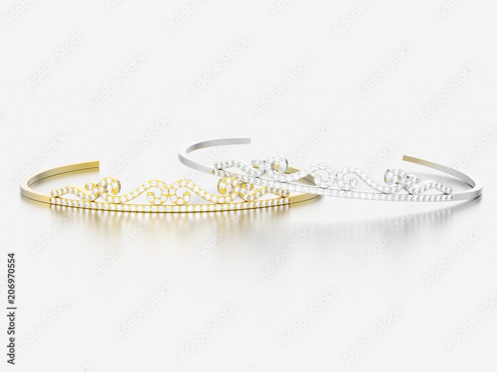 3D illustration two gold and silver simple diamond tiaras diademas