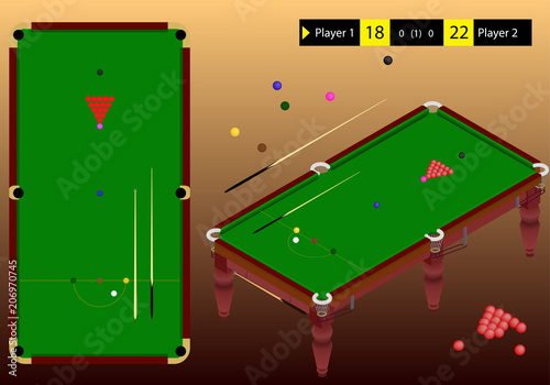 Snooker isometric playground green table, ball, cue stick, and scoreboard. Snooker playground top view.