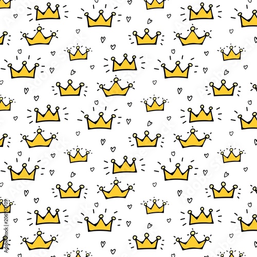 Hand Drawn Crown Vector Pattern Background. Vector Illustration.