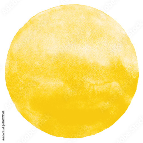 Yellow watercolor circle shape isolated on white. Round aquarelle background with space for text. Watercolour stains abstract texture. Uneven edges.