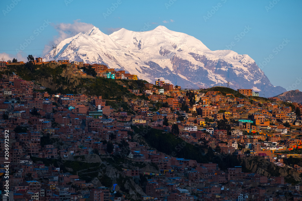City of La Paz and mountain of Illimani (Aymara) on the background, Bolivia