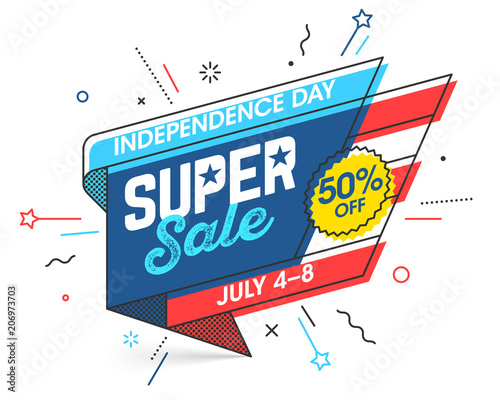 USA Independence Day Super Sale banner template in flat trendy memphis geometric style, retro 80s - 90s paper style poster, placard, web banner design