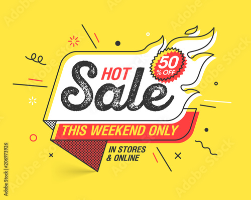 Weekend Hot Sale banner template in flat trendy memphis geometric style, retro 80s - 90s paper style poster, placard, web banner design