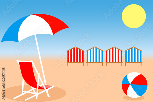 Umbrella, Chair, Bright ball and Beach Huts on the seacoast. Vector illustration EPS10
