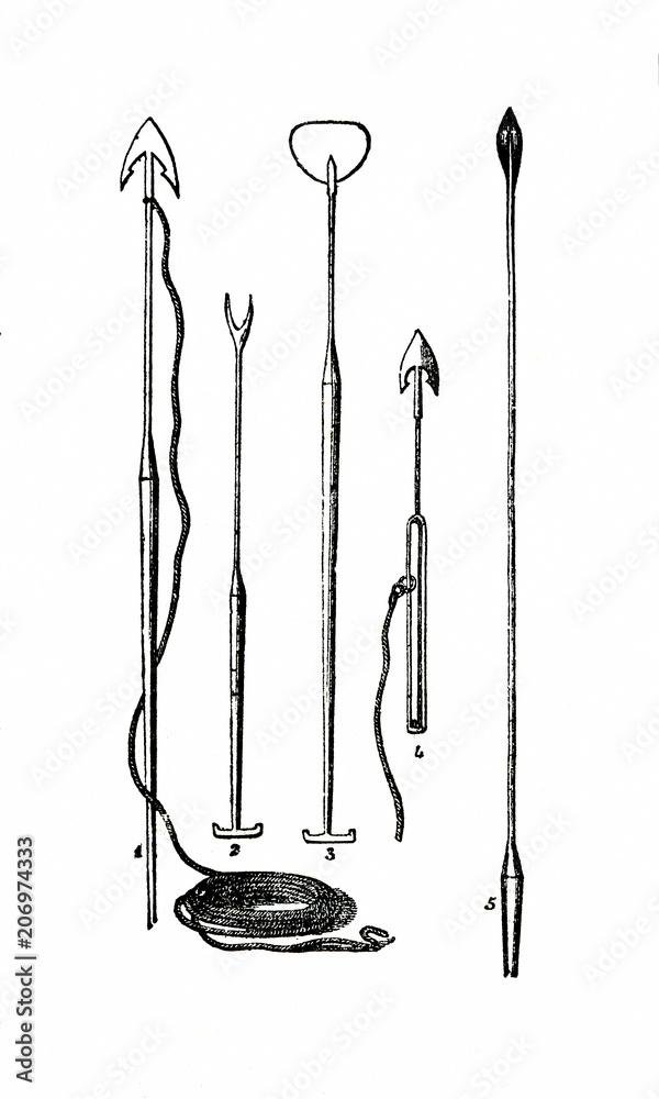 Naklejka premium Harpuny i inne narzędzia używane w połowach wielorybów (4 - wczesny harpun do strzelania z armaty) (za Das Heller-Magazin, 3 lipca 1834)