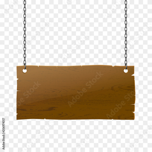 Wooden signboard isolated, vector realistic wood texture illustration. Old-style banner with chains.