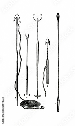 Harpoons and other tools used in the whale fishery (4 - early harpoon for shooting with a cannon) (from Das Heller-Magazin, July 3, 1834)  photo