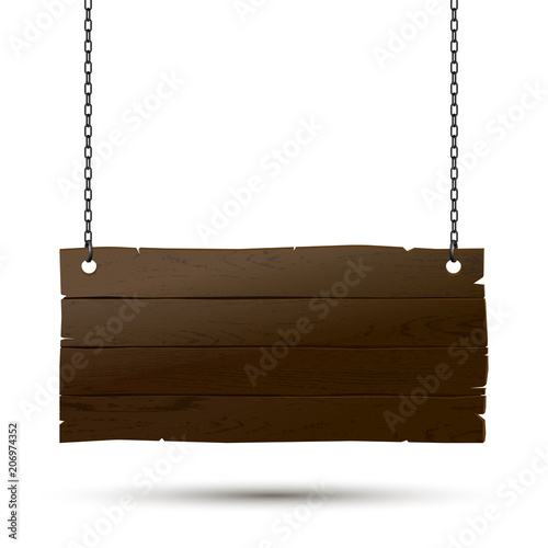 Wooden signboard isolated, vector realistic wood texture illustration. Old-style banner with chains.