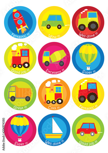 Obraz na płótnie Teacher Reward Motivational Stickers for Children - vehicles , transport elements collection w salonie