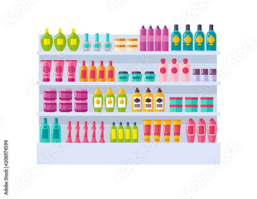 Lot of Bottles on Shelves Vector Illustration