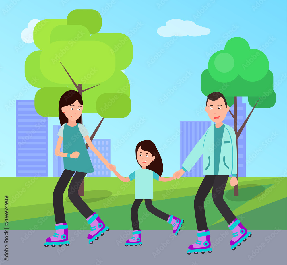 Family Roller Skating Together Vector Illustration