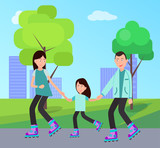Family Roller Skating Together Vector Illustration