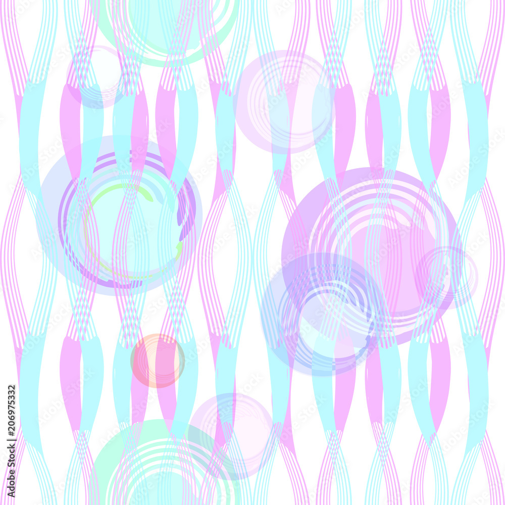 Vector seamless abstract pattern in pastel tones wavy striped vertical pink blue lines with transparent multicolored circles stains on white background