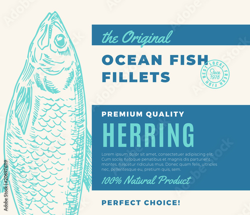 Premium Quality Fish Fillets. Abstract Vector Fish Packaging Design or Label. Modern Typography and Hand Drawn Herring Silhouette Background Layout
