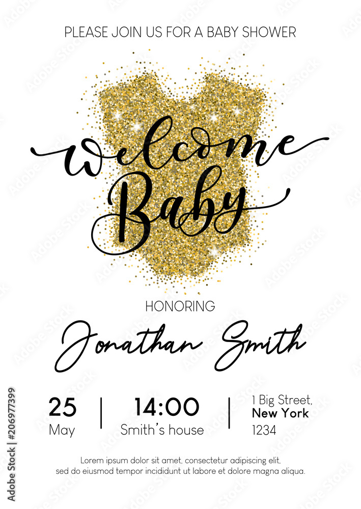 Baby shower invitation design template with gold glittered baby