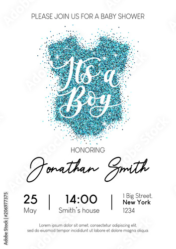 Boy baby shower invitation card with blue glittered baby clothing. It's a boy calligraphy inscription. Minimalistic elegance design template for baby boy shower. Vector illustration.