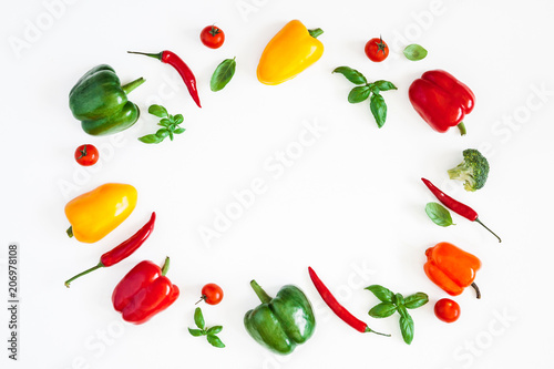Wallpaper Mural Vegetables on white background. Frame made of fresh vegetables. Tomatoes, peppers, cabbage, green leaves. Flat lay, top view, copy space Torontodigital.ca