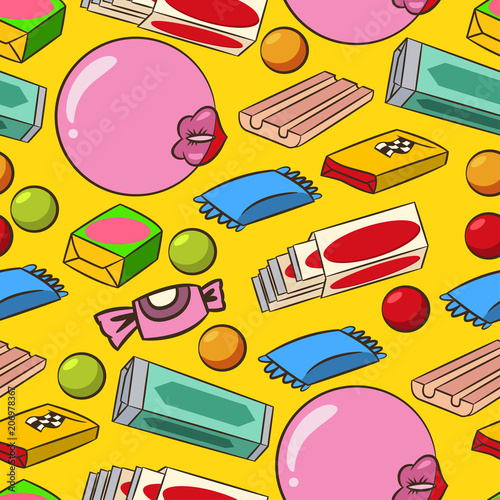Cartoon bubblegum seamless pattern. Vector retro texture on yellow background.