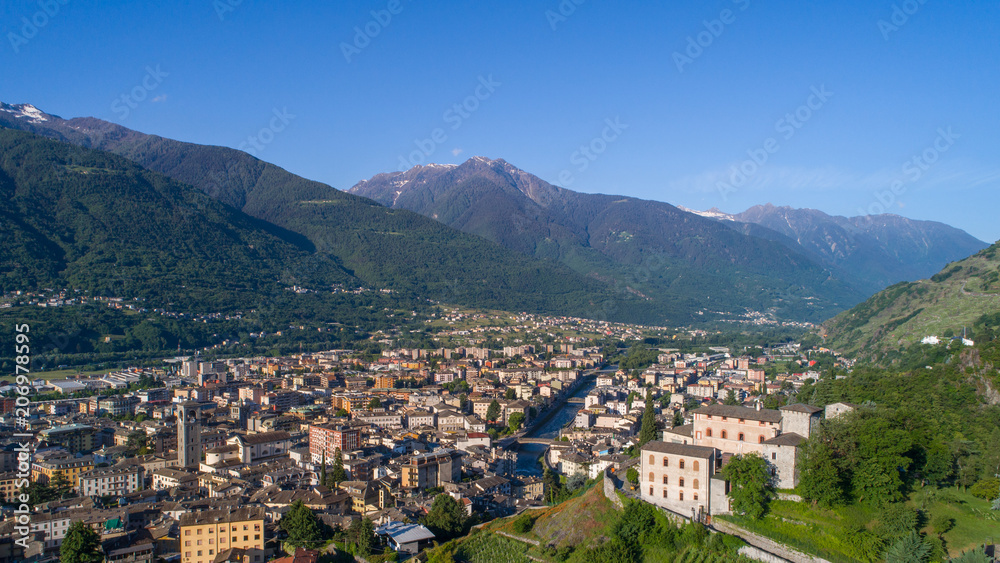 Valtellina, panoramic view of city of Sondrio. 
