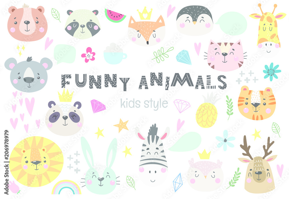 Collection of cute kids animals with funny decorative elements. Vector illustration