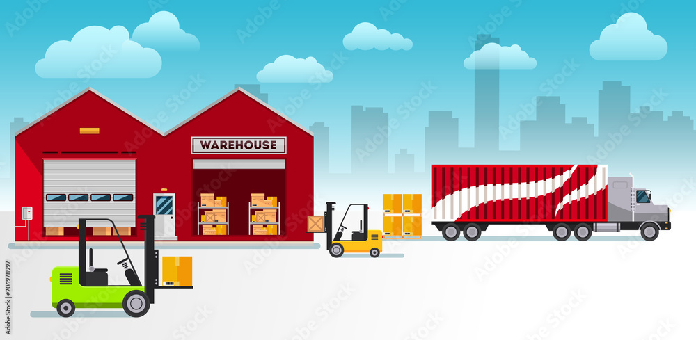 Naklejka premium Warehouse building and shipping process flat horizontal banner set isolated vector illustration.