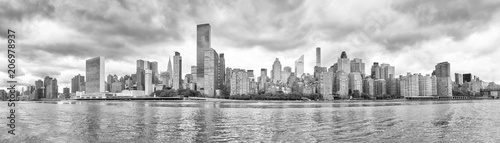 New York City black and white panoramic view from the Roosevelt Island, USA.