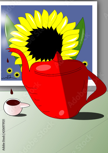 Tetera roja con taza y cuadro de girasol.