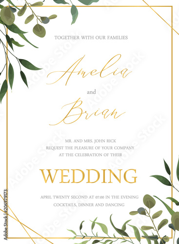 Wedding floral golden invitation card save the date design with green tropical leaf