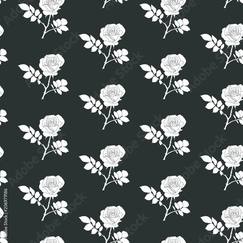 Roses seamless black and white geometric background - pattern for continuous replicate on black background.