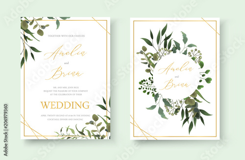 Wedding floral golden invitation card save the date design with green tropical leaf