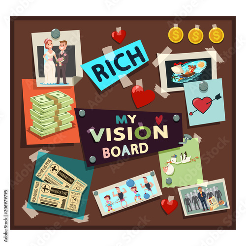 Vision board samples vector cartoon illustration with dreams and desires.